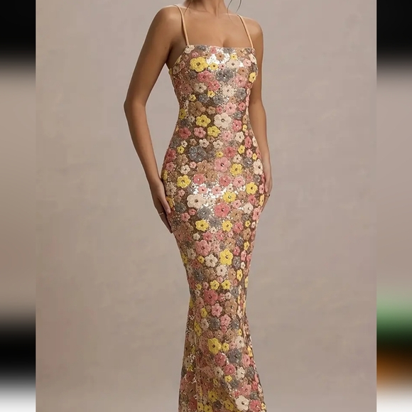 Dresses & Skirts - Floral Pattern Sequined Cami Dress, Elegant Backless Sleeveless Split Hem Slim